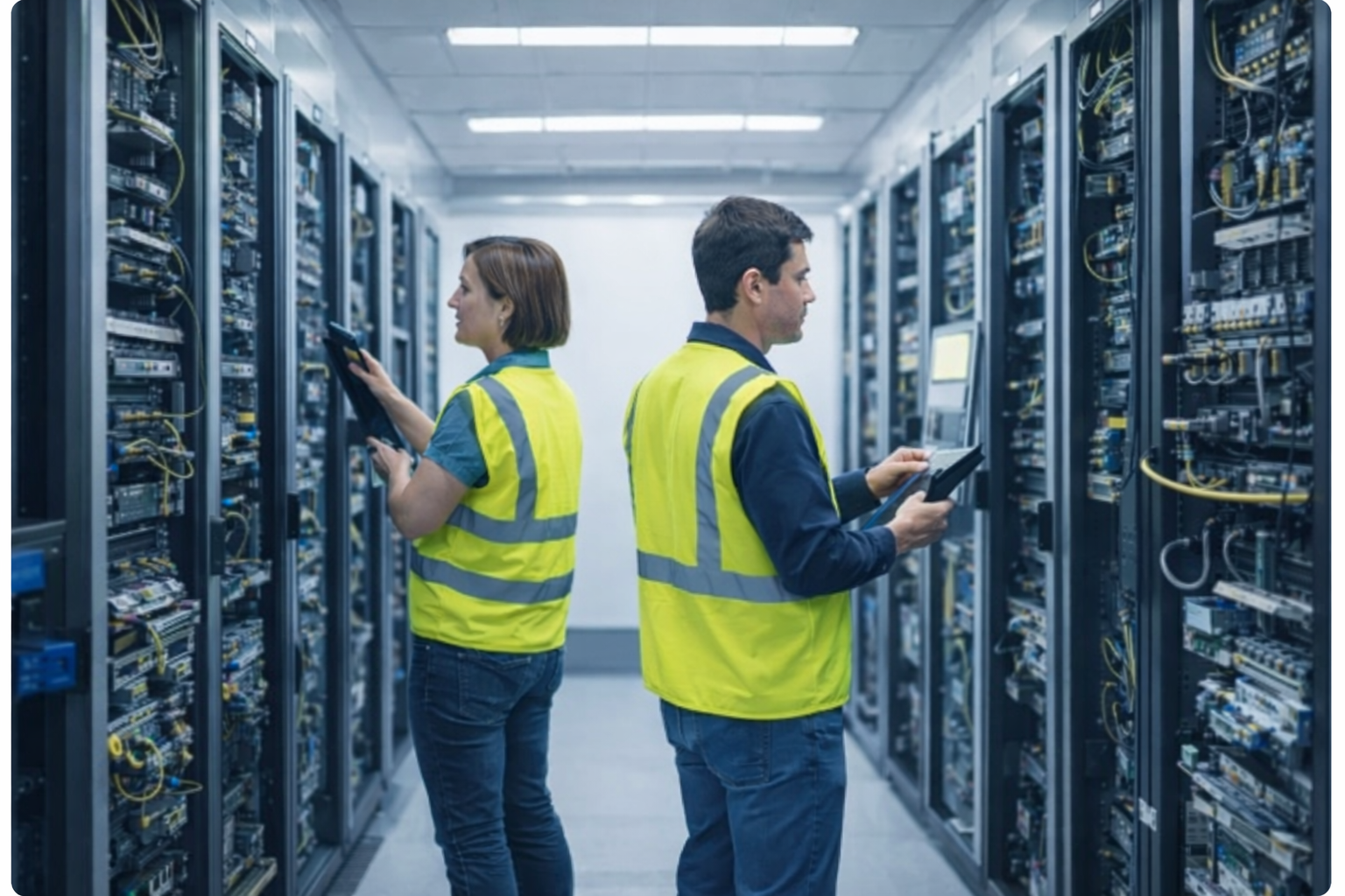 대형 서버실과 데이터센터에서 전문 엔지니어가 안정적인 네트워크 인프라를 구축하는 랜공사업체 시공 이미지