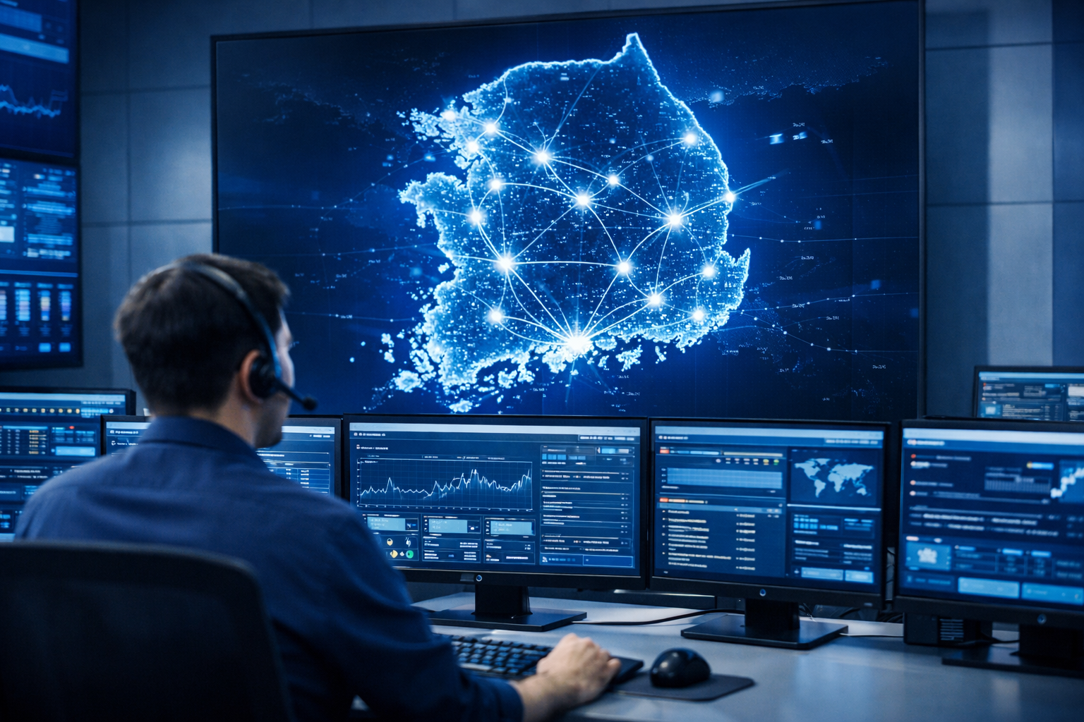 전국 네트워크 인프라를 통합 관리하며 안정적인 랜 환경을 제공하는 전문 랜공사 관제센터 모습